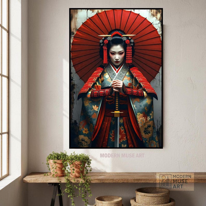 Samurai Geisha Warrior Wall Art – Elegant Japanese Woman With Red ...