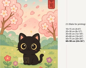 Kawaii Schwarze Katze Sakura Wandkunst - Niedliche Kirschblüten Pastell Illustration fürs Kinderzimmer (Digitaler Download)