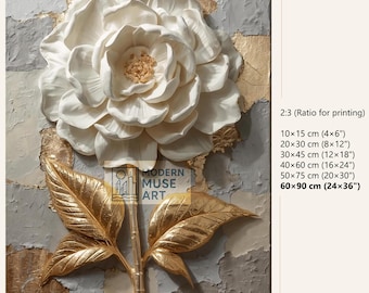 Luxury White 3D Flower Art Print – Gold Leaf Textured Floral Wall Art, Elegant Botanical Decor (Digital Download)