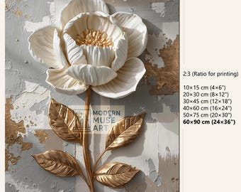 Luxury White Flower 3D Art Print – Elegant Gold Leaf Textured Wall Art, Modern Floral Decor, (Digital Download)