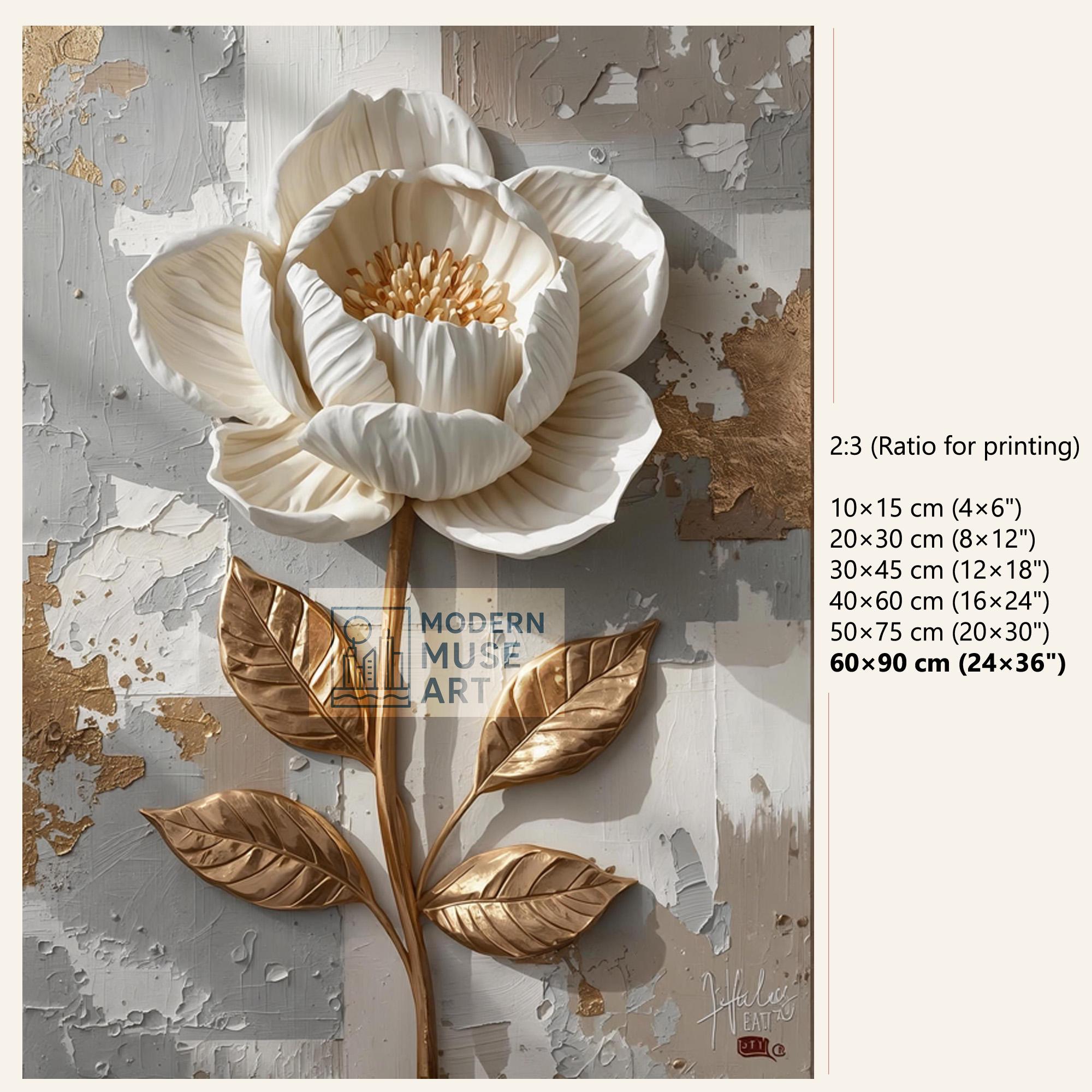 Luxury White Flower 3D Art Print – Elegant Gold Leaf Textured Wall Art ...