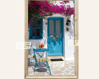 Greek Island Blue Door Print: Bougainvillea Patio Door Scene Wall Art (Digital Download)