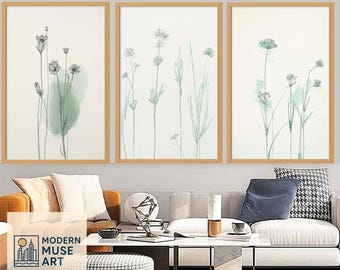 Watercolor Botanical Print Set of 3 items: Sage Green Scandinavian Wall Art (Digital Download)