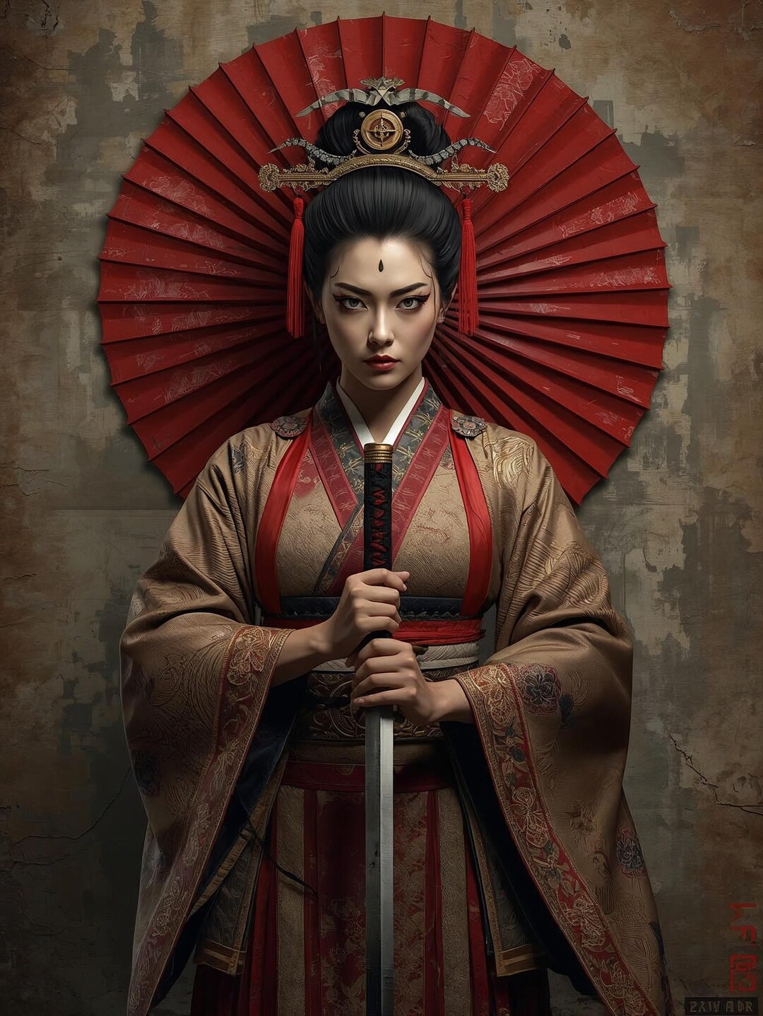 Samurai Empress Wall Art – Japanese Warrior Woman With Red Umbrella ...