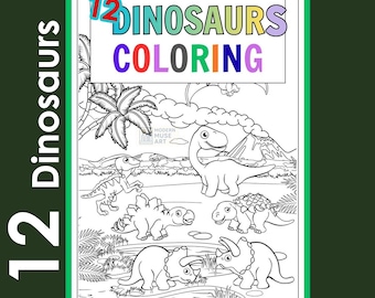 Dinosaurs Coloring Book for Kids 12 pages – Printable Dinosaur with Triceratops & More (Digital Download)