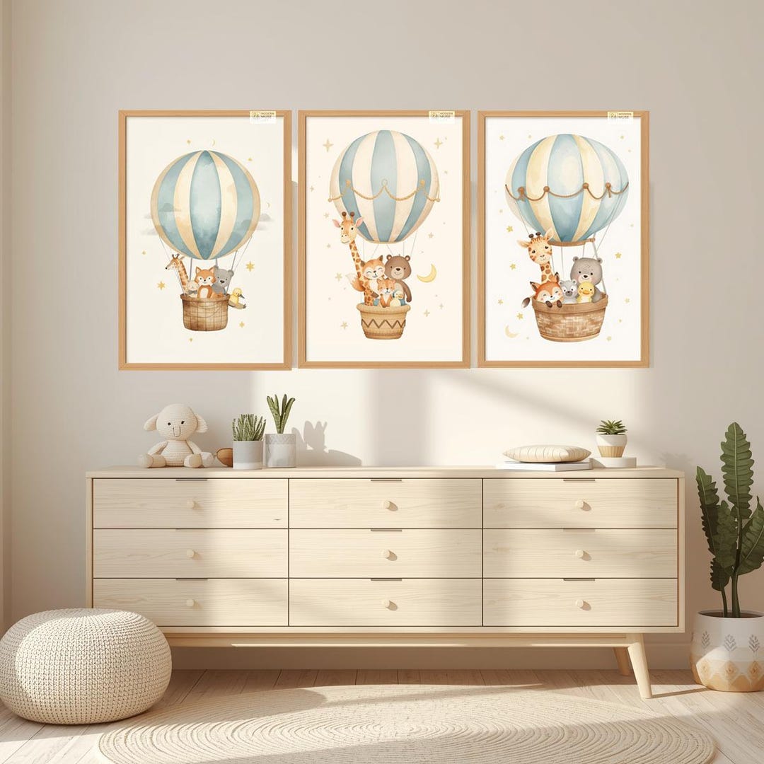 Hot Air Balloon Nursery Wall Art Set of 3 Items | Baby Animal Prints ...