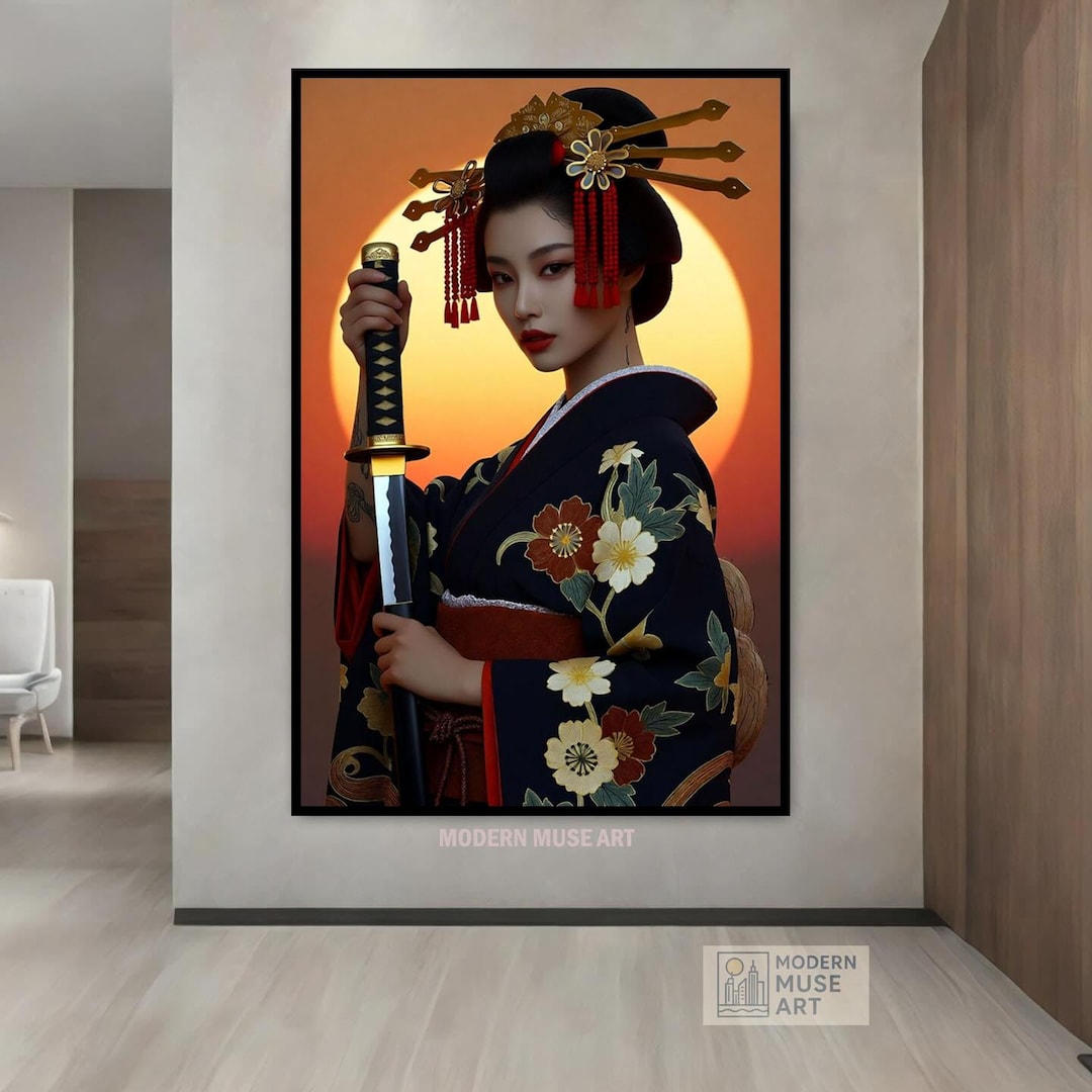 Samurai Geisha Wall Art – Elegant Japanese Woman With Katana and Sunset ...