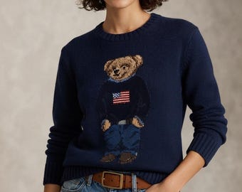 Polo Bear katoenen trui, unisex gebreide trui met ronde hals, geïnspireerd op Ralph Lauren.
