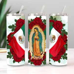 Wrap Sublimation Design , Vierge de Guadalupe , Drapeau du Mexique 20oz Skinny Tumbler , Tumbler PNG Téléchargement numérique instantané, Tumbler Wrap PNG