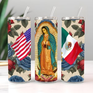 Wrap Sublimation Design , Virgin of Guadalupe ,  Mexico USA Flag 20oz Skinny Tumbler , Tumbler PNG Instant Digital Download , Guadalupana