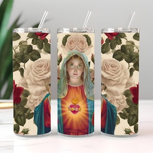 Diseño de sublimación envolvente, Sagrado Corazón de la Virgen María, Vaso flaco de 20 oz, Vaso PNG Descarga digital instantánea, Sagrado Corazón de María