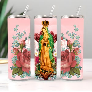 Sublimation d&#39;emballage Design Png, Vierge de Guadalupe floral, verre skinny 20 oz, verre PNG en téléchargement numérique instantané, papier d&#39;emballage pour verre PNG