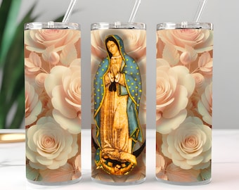 Wrap Sublimation Design , Virgin of Guadalupe Roses , 20oz Skinny Tumbler , Tumbler PNG Instant Digital Download, PNG, Virgencita