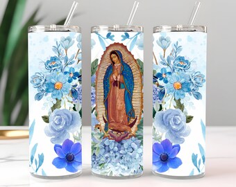 Wrap Sublimation Design , Virgin of Guadalupe Blue Flowers , 20oz Skinny Tumbler , Tumbler PNG Instant Digital Download, Tumbler Wrap PNG