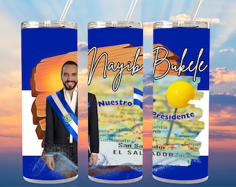 Wrap Sublimation Design , Nayib Bukele Nuestro Presidente , 20oz Skinny Tumbler , Tumbler PNG Instant Digital Download,  El Salvador