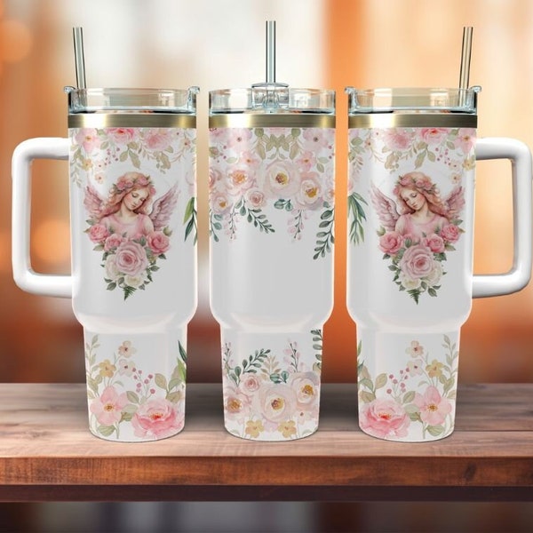 40oz Quencher Tumbler Wrap Sublimation, Angel Floral Sublimation Design, Png 300 dpi , Digital Download