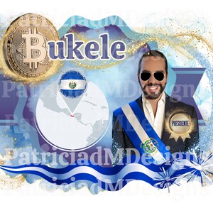 Peut inclure: Une illustration numérique d'un homme portant un costume et une écharpe avec le drapeau du Salvador. L'homme porte des lunettes de soleil et sourit. L'arrière-plan est une aquarelle bleue avec des paillettes dorées et une pièce de monnaie Bitcoin. Le texte "Bukele" est écrit en grandes lettres au-dessus de la tête de l'homme. Le texte "Presidente" est sur un badge doré sur le costume de l'homme.