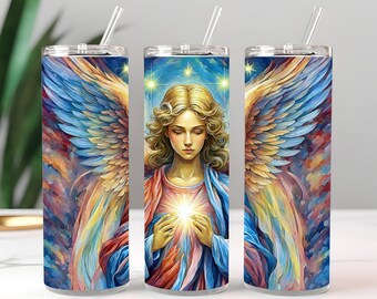 May include: A stainless steel tumbler with a colorful image of an angel with wings, holding a glowing light in their hands. The background is a blue sky with stars.