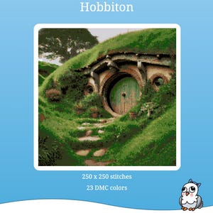 May include: Cross-stitch pattern featuring a detailed depiction of Hobbiton, with a green door and grassy hill. The design includes 250 x 250 stitches and 23 DMC colors. The text "Hobbiton" is displayed above the image.