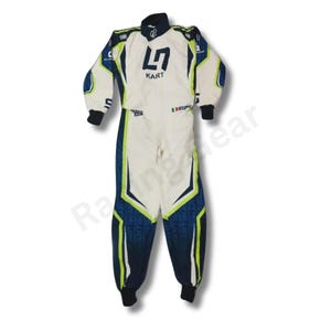 May include: White and blue racing suit with the word "KART" and the number "4" printed on the chest. The suit has blue and green accents, with black cuffs and collar. The suit is designed for racing.
