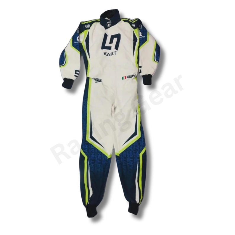 May include: White and blue racing suit with the word "KART" and the number "4" printed on the chest. The suit has blue and green accents, with black cuffs and collar. The suit is designed for racing.