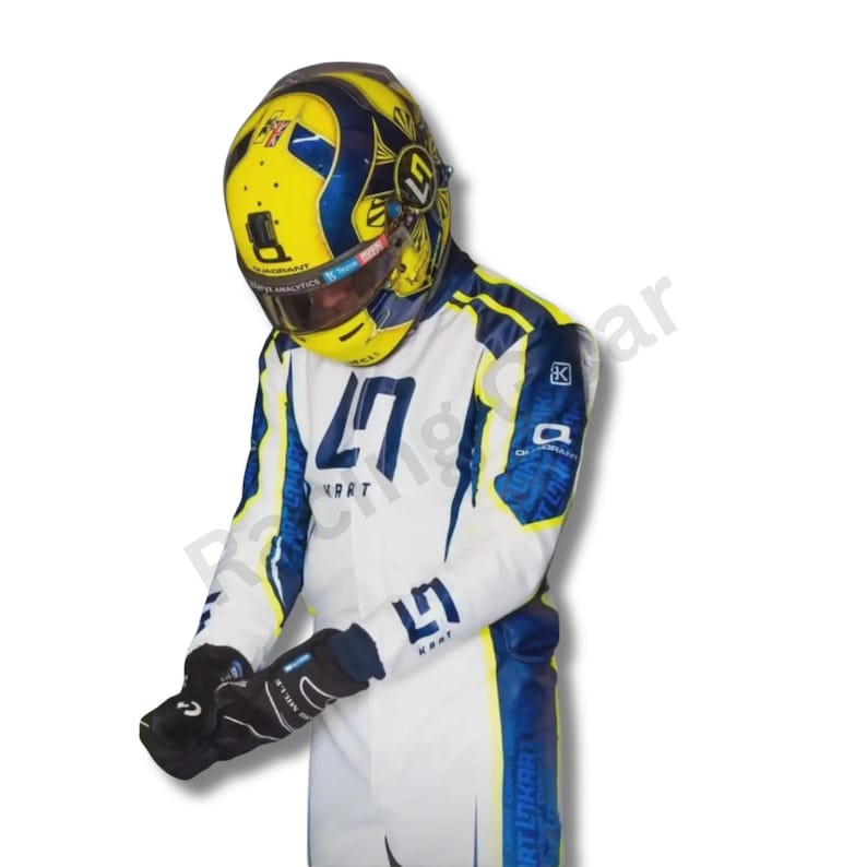 May include: A white racing suit with blue and yellow accents, featuring the number 47 in large blue numerals. The matching helmet is yellow and blue. Black gloves complete the racing ensemble. The suit has the text "KART" on it.