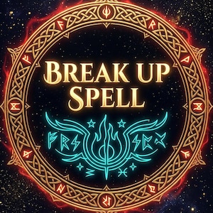 Könnte beinhalten: Digitale Illustration mit kreisförmigem Design. Die Worte "BREAK UP SPELL" sind in Gold, mit einem türkisfarbenen Neon-Symbol und einem goldenen und roten Rand. Der Hintergrund ist ein Sternenhimmel.