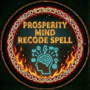 Peut inclure: Conception circulaire avec les mots "PROSPERITY MIND RECODE SPELL" en lettres dorées. Le design présente un contour bleu d'une tête avec un cerveau, un éclair, des symboles d'argent et des ampoules. La bordure est un motif de nœud celtique doré avec des flammes.