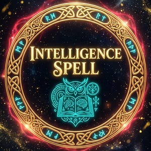 May include: A digital illustration of a circular design with the words "INTELLIGENCE SPELL" in gold lettering. The design features an owl, an open book, and other symbols in a glowing teal color, set against a starry background.
