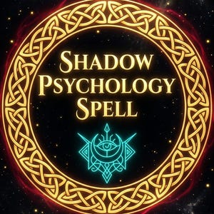 May include: A digital graphic with the text "SHADOW PSYCHOLOGY SPELL" in gold, encircled by a Celtic knot design. A teal and white symbol is at the bottom. The background is a dark space scene with stars and nebulas.