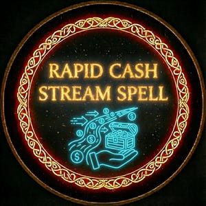 May include: Circular design with the text "RAPID CASH STREAM SPELL" in gold. A glowing blue illustration depicts money flowing into a treasure chest held by a hand. The design is framed by a gold and red border.