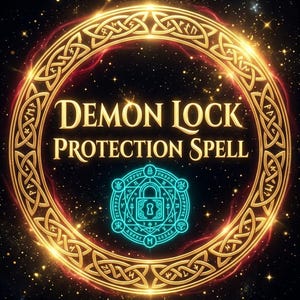 May include: A digital illustration featuring a glowing golden circular design with intricate Celtic knot patterns. The text "DEMON LOCK PROTECTION SPELL" is centered within the circle, with a teal lock icon below, set against a starry background.