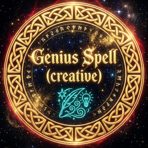 May include: A circular design with gold Celtic knotwork and the words "Genius Spell (creative)". The design includes a teal feather and lightbulb illustration, set against a starry background with red and gold accents.