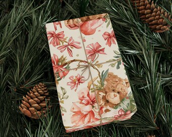 Papel de embrulho floral, papel de embrulho para presente com ursinho de pelúcia, papel de embrulho natalino com ursinho de pelúcia rosa, papel de embrulho com laço rosa, papel de embrulho para presente com ursinho de pelúcia rosa