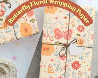 Puede incluir: Regalos envueltos con papel de regalo con estampado floral y de mariposas. El papel presenta un fondo crema con diseños florales naranjas, rosas y azules. Cada paquete está atado con hilo y una etiqueta en forma de corazón. El texto en la imagen dice: Butterfly Floral Wrapping Paper.