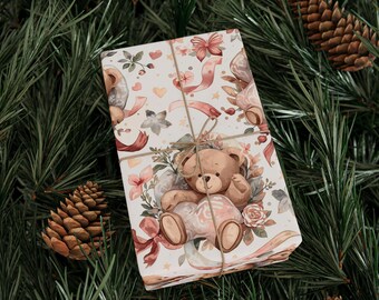 Papel de embrulho de Natal com ursinho de pelúcia rosa, papel de embrulho de Natal rosa, papel de embrulho com laço fofo, papel de presente de Natal, papel de presente com ursinho de pelúcia