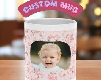 Taza personalizada con corazón floral rosa / Taza de cerámica personalizada / Taza rosa personalizada / Regalos rosas / Taza floral rosa personalizada / Regalo rosa de San Valentín