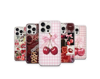 Funda para teléfono con diseño de cerezas y cuadros vichy rosas con lazo coqueto y femenino