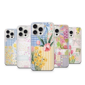 Puede incluir: Una colección de fundas para teléfonos con diseños florales. Las fundas presentan diseños de tulipanes, narcisos y cuadros de vichy en colores pastel. Cada funda tiene un diseño diferente, creando un efecto de patchwork.