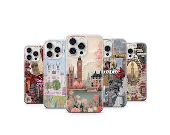 Funda para teléfono con collage de Londres: estilo vintage de viaje, acabado brillante o mate