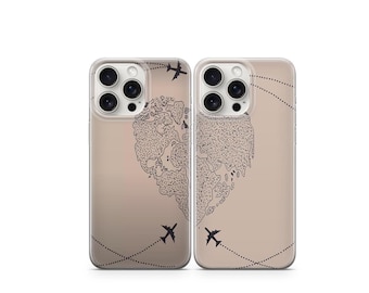 Matching Couple Phone Case Set: Heart Map, Travel Lover Gift