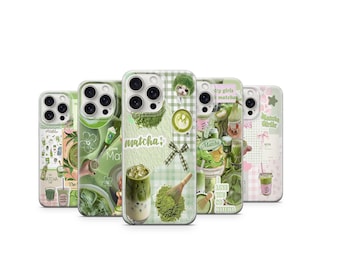 Funda para teléfono con diseño de matcha, estética de té verde, funda kawaii para bebidas, funda minimalista de estilo japonés, funda verde suave y moderna.
