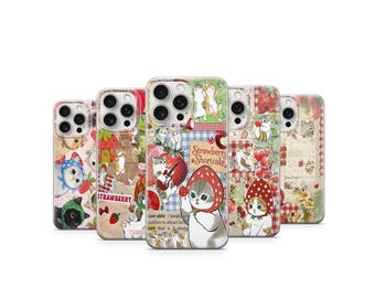 Funda para teléfono con diseño de gato fresa kawaii con collage de cuadros vichy y animales