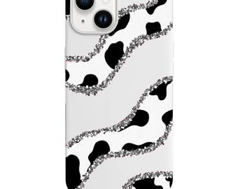 Funda para teléfono con estampado de vaca en blanco y negro, diseño de ondas con purpurina plateada, moderna y elegante para iPhone, diseño minimalista.