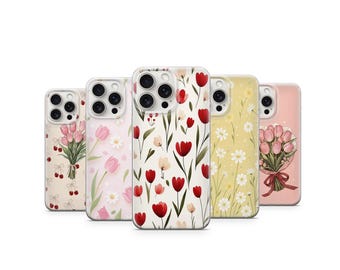 Red Tulip Phone Case  Minimal Floral Pattern Elegant Botanical Design