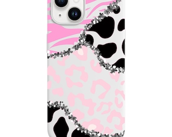 Funda para teléfono con estampado animal rosa y borde brillante, diseño moderno y atrevido para iPhone.