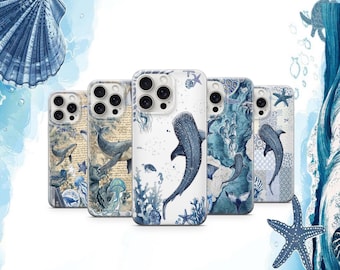Funda para teléfono con diseño de ballena y océano, funda con estética de vida marina, diseño de océano azul, funda para teléfono con animales marinos, funda minimalista con ambiente oceánico para iPhone y Samsung.