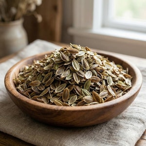 Puede incluir: Un cuenco de madera lleno de semillas de eneldo secas. Las semillas son una mezcla de verde y marrón, con forma ovalada. El cuenco está sobre un paño de lino, con un fondo borroso de una ventana y un jarrón.