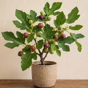 May include: A small fig tree in a decorative beige pot. The tree has large green leaves and several figs in various stages of ripeness, ranging from green to deep purple. The pot has a textured pattern.