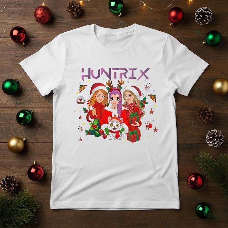 May include: White t-shirt featuring the word "HUNTRIX" in purple and a graphic of three women in Santa hats and red outfits, with a cat wearing a scarf. Christmas-themed design with gifts and ornaments.
